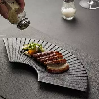 Керамическая обеденная тарелка для ресторана, креативная веерообразная полосатая тарелка для суши, десертная тарелка, тарелки для закусок, однотонная столовая посуда