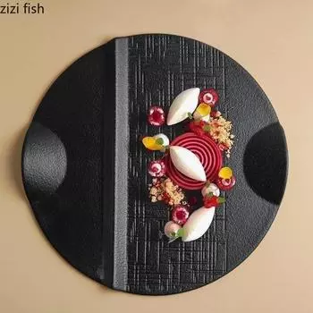 Керамическая обеденная тарелка креативная черная матовая текстура плоская тарелка тарелка для стейка десертные тарелки тарелки для закусок однотонная столовая посуда