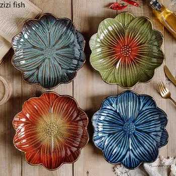 Керамическая обеденная тарелка в форме цветка Фруктовая тарелка Салатница Десертные тарелки Блюдо для димсамов Поднос для закусок Тарелки для суши Блюдо для сашими красный