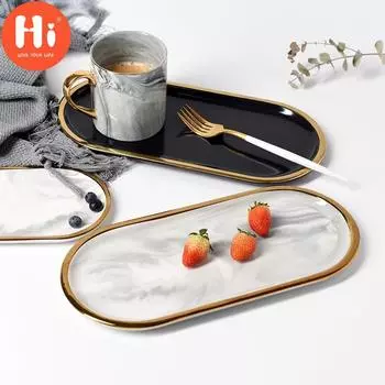 Керамическая овальная тарелка под мрамор, западное блюдо, десертная тарелка, лоток для хранения ювелирных изделий, посуда, аксессуары