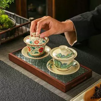 Керамическая пиала для чая в стиле ретро с грациозной глазурью ручной работы, большая бежевая гайвань Ru Ware, чайный сервиз в стиле кунг-фу, приспособление для заваривания чая, 170 мл 170ml