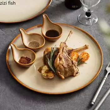 Керамическая плоская тарелка Kiln Changes Brown с ручкой, креативная тарелка для приправ, тарелка для стейка, десертная тарелка, посуда для молекулярной кулинарии