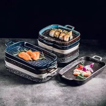 Керамическая полосатая форма для выпечки с двумя ушками, ретро-тарелка для суши, сашими, десертная тарелка, салатные тарелки, фирменная посуда для ресторана