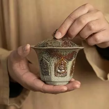 Керамическая посуда Dunhuang Impression Fu Lu Ercai Tureen, большие чайные чашки в стиле ретро, набор чайных чашек кунг-фу, мини-набор миска со статуей Будды 60-150ml