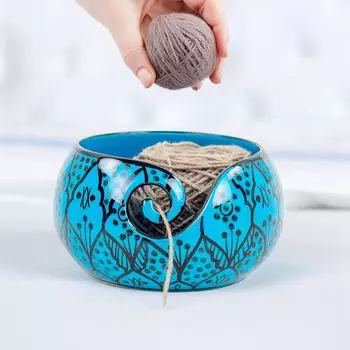 Керамическая привлекательно расписанная вручную великолепная каменная чаша для хранения клубка пряжи с инновационным дозирующим завитком (Греческий синий, средний)