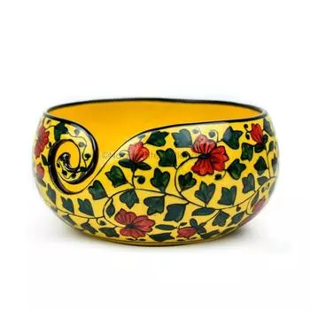 Керамическая привлекательно расписанная вручную великолепная каменная чаша для хранения клубка пряжи с инновационным дозирующим завитком (Средние, Желтые Кустарники)