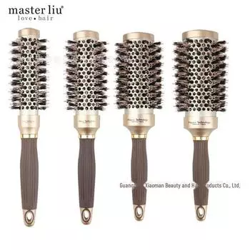 Керамическая расческа для завивки волос из коричневой свиной щетины с алюминиевой трубкой