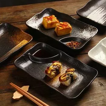 Керамическая решетчатая тарелка с уксусной тарелкой, тарелка для закусок, пельменей, суши, корейская тарелка для барбекю