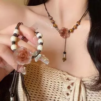 Керамическая роза плетеное ожерелье женская летняя мода винтажные аксессуары удлиненная ключичная цепочка