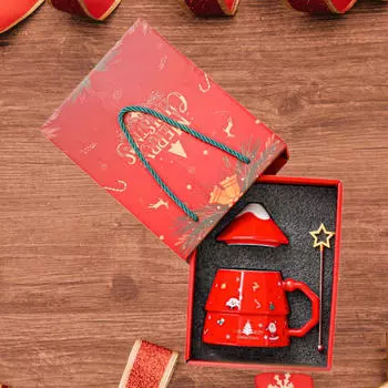 Керамическая рождественская кружка, кофейная кружка, с крышкой и ручкой, столовая посуда, праздничная забавная чашка красный