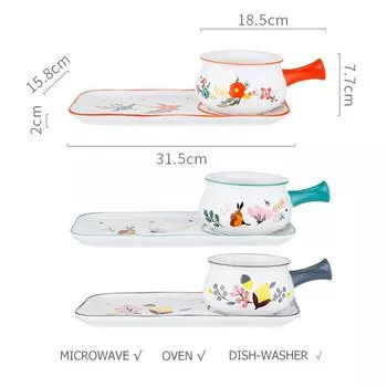 Керамическая салатница с цветочным узором, прямоугольная тарелка, миска для выпечки пасты, столовые приборы для завтрака (1 миска с ручкой + 1 обеденная тарелка) зелёный