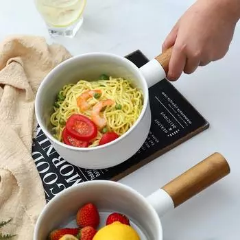 Керамическая салатница с деревянной ручкой Суповая миска Фруктовая сервировочная миска Миска для закусок Миска для лапши Кружки для супа с ручками