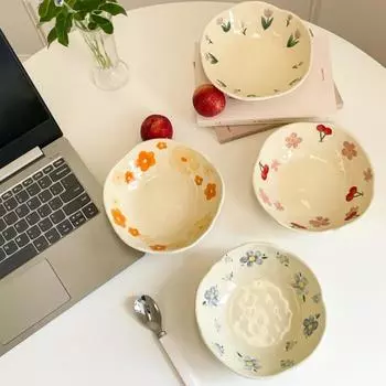 Керамическая салатница, сложенная вручную, нерегулярная, кремовая, желтая, миска для йогурта в корейском стиле, овсянка, завтрак, цветочная чаша для кухни синий