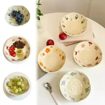 Керамическая салатница, сжатая вручную, нерегулярная, кремовая, овсяная, завтрак, цветочная чаша, кухонная, желтая, миска для йогурта в корейском стиле 210-300ml розовый