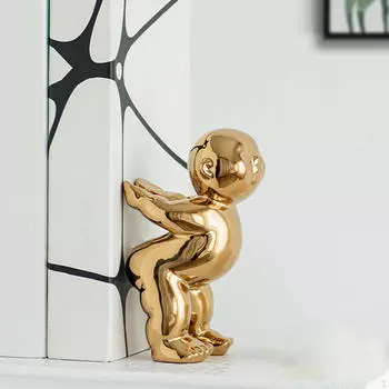 Керамическая скульптура маленького человечка, конец книги, золотой цвет, противоскользящее дно, 10,2x8,8x17 см, украшение для рабочего стола