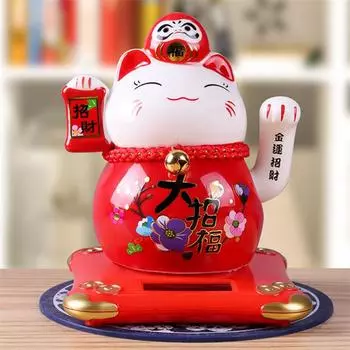 Керамическая статуэтка кошки Дарума на солнечной батарее – трясущаяся рука Манеки-нэко, украшение для автомобиля и домашнего декора красный