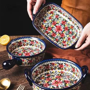 Керамическая столовая посуда Бытовая салатница Блюдце Тарелка Польша Бинауральная посуда для выпечки Миска для лапши Кастрюля для супа Бытовая кухонная утварь