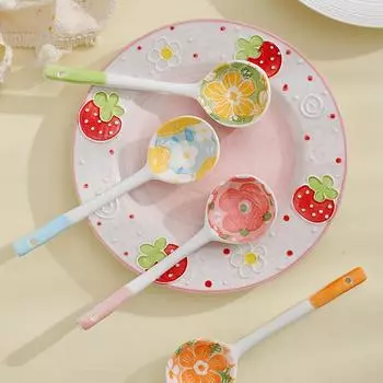 Керамическая суповая ложка в виде цветка Kawaii, милая корейская расписанная вручную кофейная десертная ложка с длинной ручкой, кухонные принадлежности