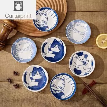 Керамическая тарелка для десертного соуса в японском стиле, посуда, креативная посуда с милым мультяшным рисунком «Счастливый кот», форма капли воды, тарелки для фруктов и суши A