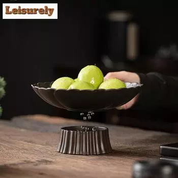 Керамическая тарелка для фруктов Qingxi Purple, сливная вода, высокое блюдо для фруктов, поднос для торта с семенами дыни, подставка для димсамов, большая фруктовая чаша в форме Будды