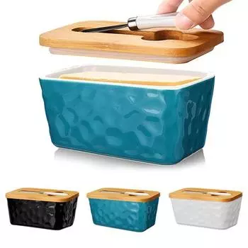 Керамическая тарелка для масла с деревянной крышкой, резак из нержавеющей стали, холодильник большой емкости, столешница, контейнер для масла, держатель, коробка, кухонные принадлежности чёрный