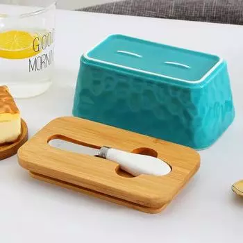 Керамическая тарелка для масла с деревянной крышкой, резак из нержавеющей стали, холодильник большой емкости, столешница, контейнер для масла, держатель, коробка, кухонные принадлежности