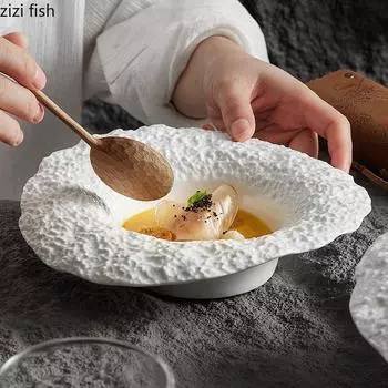 Керамическая тарелка для основного блюда с текстурой камня, для ресторана, для дома, для пасты, салата, грибного супа, миска в форме шляпы