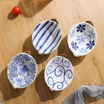 Керамическая тарелка для приправ в японском стиле, двойная ручка, антипригарная миска для уксуса, штабелируемые винтажные фарфоровые десертные тарелки