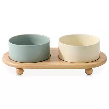 Керамическая тарелка для риса для кошек и миска для домашних животных с деревянной подставкой для кошек и маленьких собак всех легких пород, [для возраста] (кремовый + зеленый, S)