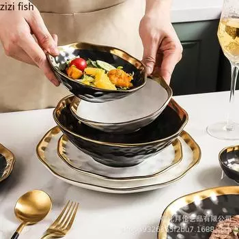 Керамическая тарелка для стейка с неровным позолоченным краем, салатная тарелка, десертная тарелка, матовая толстая суповая миска, креативная посуда для ресторана