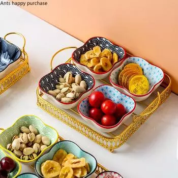 Керамическая тарелка для закусок Чаша для закусок с металлической рамкой Закуски в японском стиле Блюдо для сухофруктов с золотым основанием Тарелка для фруктов Dim Sum