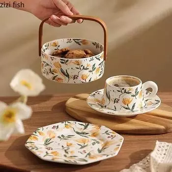 Керамическая тарелка с цветочным узором, ручная корзина для фруктов, тарелка для сухофруктов, восьмиугольная десертная тарелка, тарелки для закусок, тарелки для стейков
