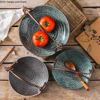 Керамическая тарелка с декоративной ручкой из железа, круглая, домашняя посуда, корзина для фруктов, блюдо для суши, обеденный сервиз, тарелки и блюда