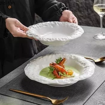 Керамическая тарелка с креативным каменным узором и кромкой Чисто-белая салатная тарелка Десертная тарелка Толстые суповые тарелки Глубокие тарелки Посуда для гостиниц