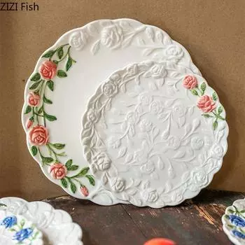 Керамическая тарелка с рельефом в виде розы, свадебная вечеринка, послеобеденный чай, десертная тарелка для торта, украшение для ресторана, салатная тарелка, кухонная утварь