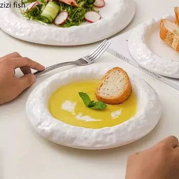 Керамическая тарелка с текстурой камня Толстая суповая тарелка Салатная тарелка Тарелки для пасты Миска для риса Десертная миска Ресторанная специальная посуда