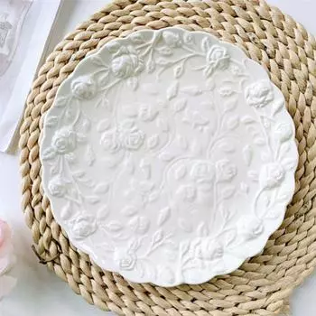 Керамическая тарелка с тиснением и цветами с волнистыми краями и цветочным принтом, тарелка для стейка, посуда, тарелка для салата, десерта, кофейная чашка B