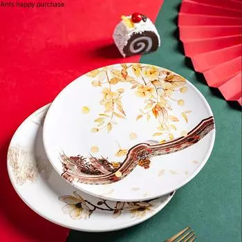 Керамическая тарелка в китайском стиле с цветами и птицами, круглая обеденная тарелка, домашняя посуда, декоративная посуда, форма для десерта, фруктовая салатница