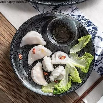 Керамическая тарелка в японском стиле, домашняя тарелка для пельменей с отделением для соуса, посуда для ресторана отеля с уксусом, блюдо для закусок суши