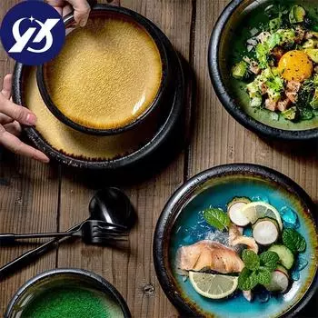 Керамическая тарелка в японском стиле, креативная обеденная тарелка с ледяной трещиной и глазурью, тарелка для стейка в стиле ретро, десертное блюдо для салата с фруктами, кухонная посуда