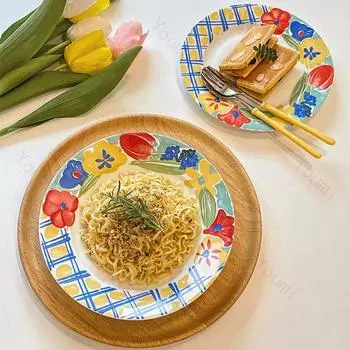 Керамическая тарелка в стиле ретро с масляной живописью, креативная ручная роспись, цветочные обеденные тарелки, посуда для послеобеденного чая, фруктов, десертов, закусок