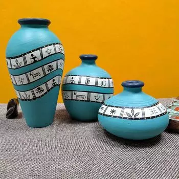 Керамическая терракотовая прямоугольная ваза для цветов Warli Turquoise синего цвета с ручной росписью, декоративная для домашнего декора