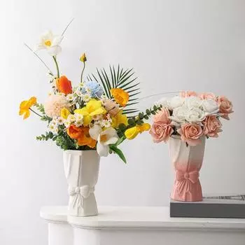 Керамическая ваза для цветов с бантом в форме пончика, цветочная композиция для свадьбы белый