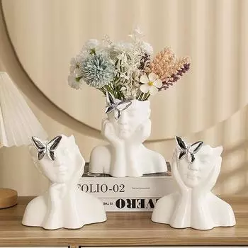 Керамическая ваза Керамическая модель человеческого лица Цветочная композиция Аксессуары Думающий персонаж Цветочная ваза Украшение дома