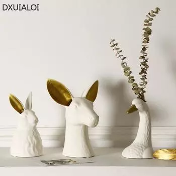 Керамическая ваза в виде головы кролика, горшки «Белый лебедь», фарфоровые фигурки цветов, вазы для гидропоники для свадеб, украшения дома, керамическая ваза