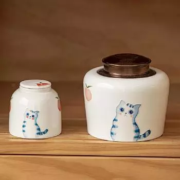Керамическая жестяная банка для чая с крышкой, расписанная вручную, с изображением кота, керамическая влагостойкая, для хранения чайных принадлежностей, цветочная банка, коробка для хранения