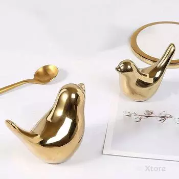 Керамическая золотая фигурка птиц-благословений для домашнего декора | Гостиная, спальня, офисный стол, шкафы - (Упаковка из 2 шт., Золотая)