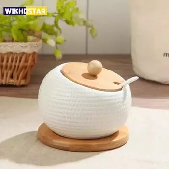 Керамические банки для приправ с ложкой, деревянной крышкой, кухонные принадлежности, органайзер для белых специй, набор канистр, коробка для сахара, органайзер для приправ