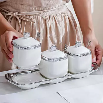 Керамические банки для специй, контейнер для приправ, элегантный с крышкой, ложка, маленькая сахарница, пыленепроницаемая для кухни серебряный