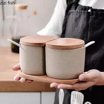 Керамические баночки для приправ, набор кухонных принадлежностей, баночка для специй, набор из 2 предметов с крышкой, ложка, коробка для приправ, бутылочки для приправ, солонка